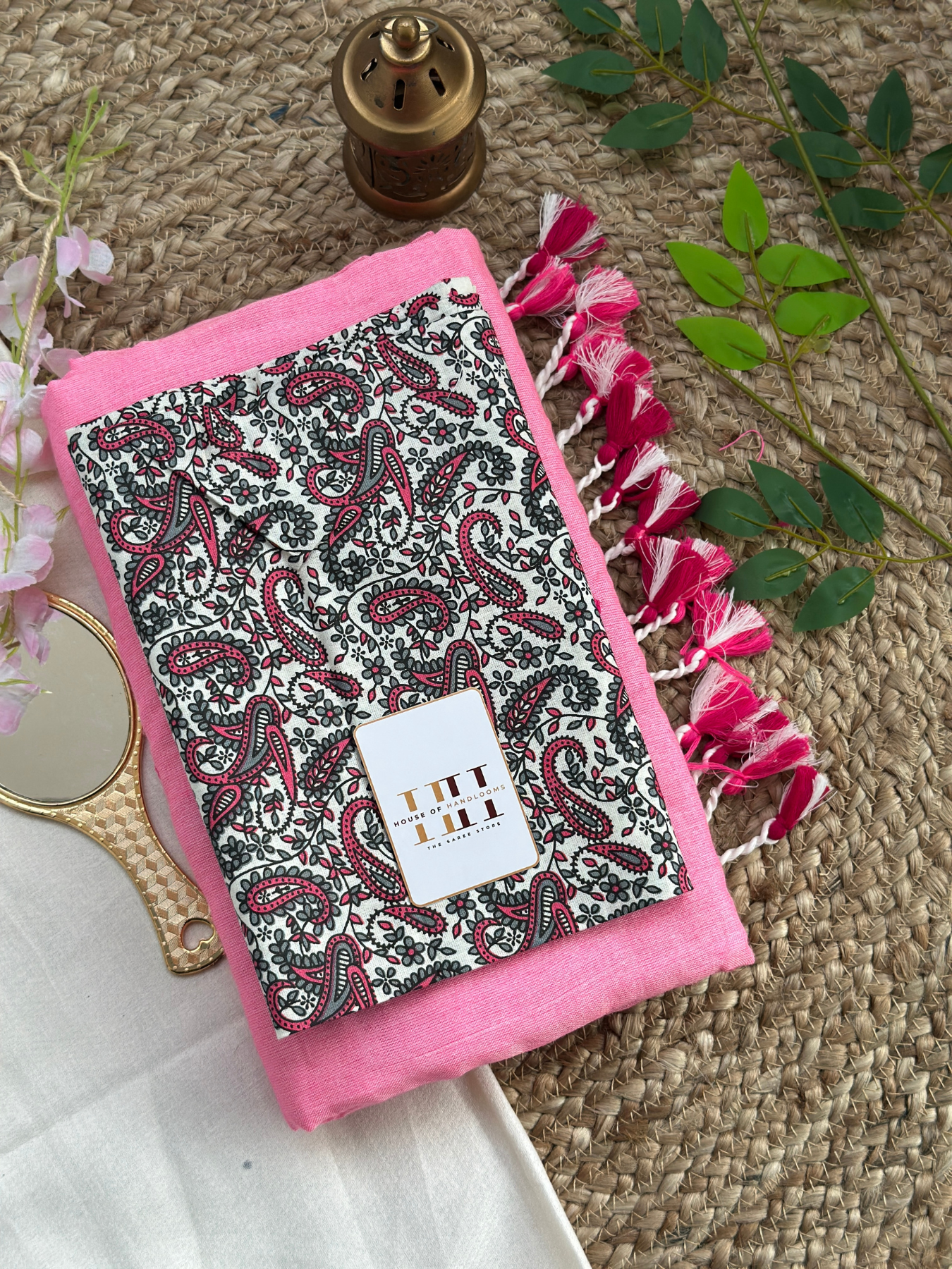 Stunning pink cotton handloom saree with kalamkari printed blouse