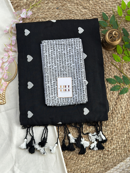 Royal black cotton handloom  saree with gorgeous printed blouse