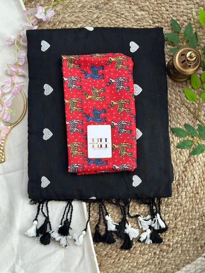 Midnight black saree with kalamkari printed blouse