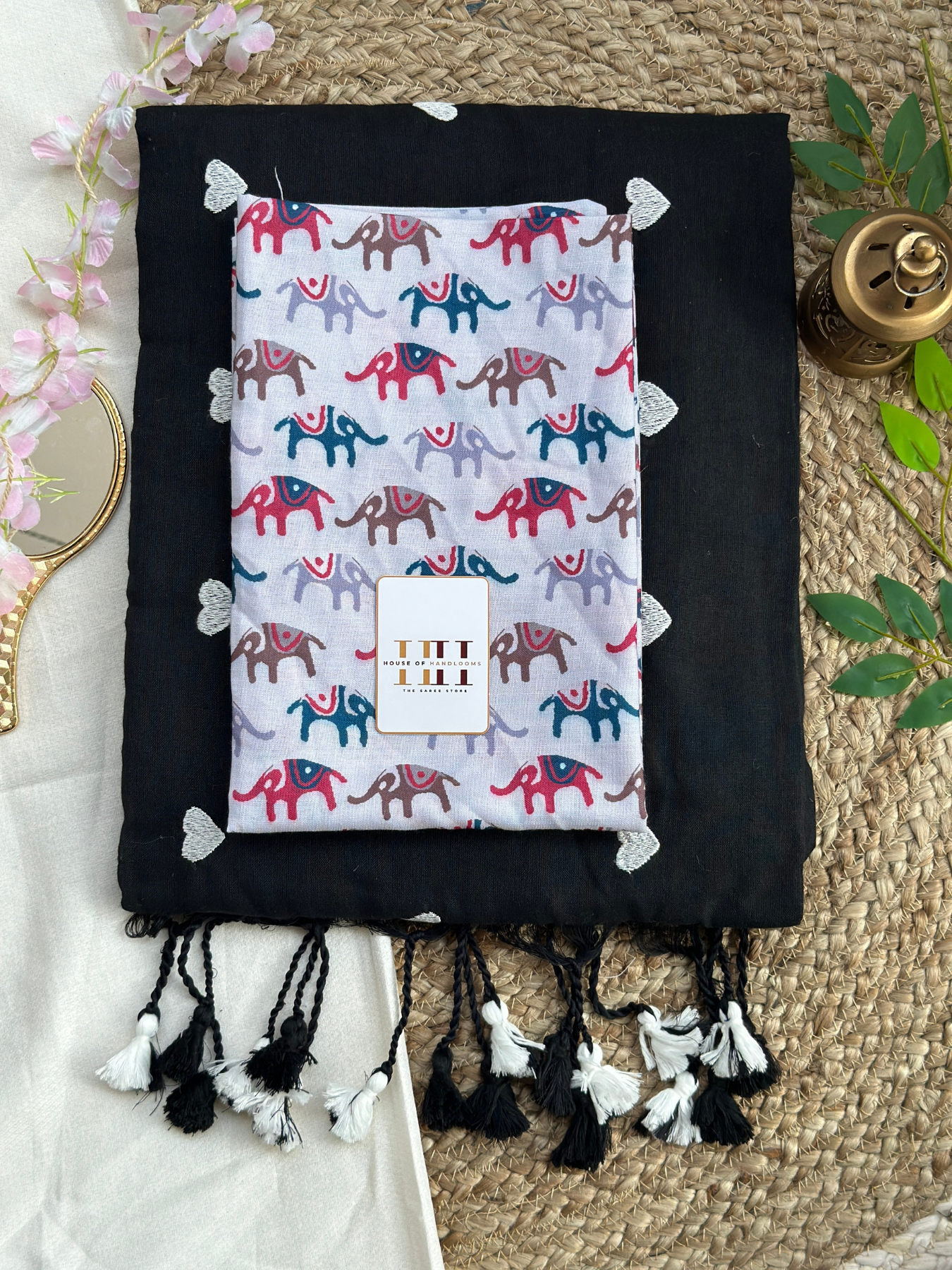 Ink black cotton handloom saree with white elephant printed blouse