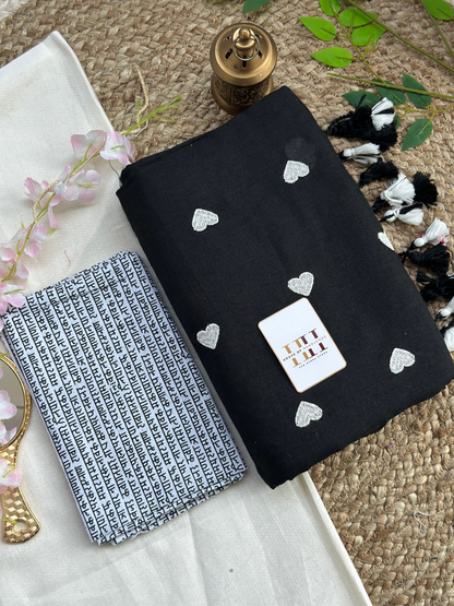 Royal black cotton handloom  saree with gorgeous printed blouse