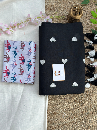 Ink black cotton handloom saree with white elephant printed blouse