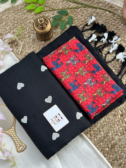 Midnight black saree with kalamkari printed blouse