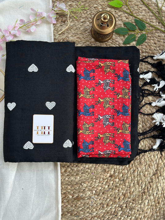 Midnight black saree with kalamkari printed blouse