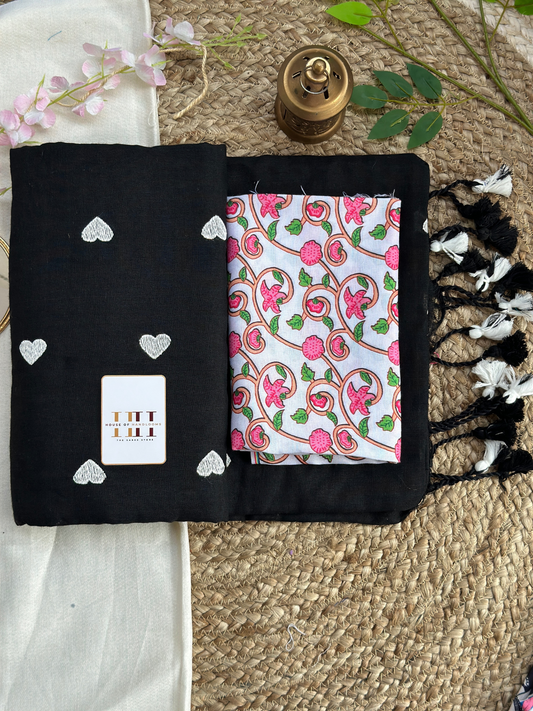 Rich black cotton handloom saree with white floral printed blouse