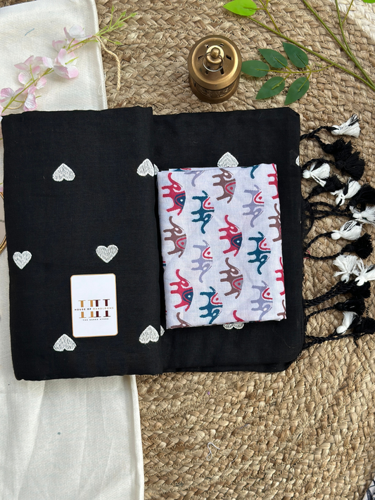 Ink black cotton handloom saree with white elephant printed blouse