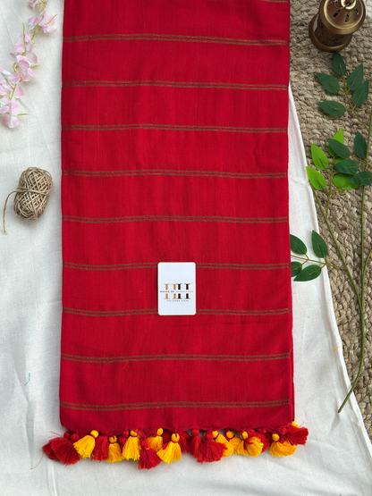Cherry red zari stripe saree with running blouse