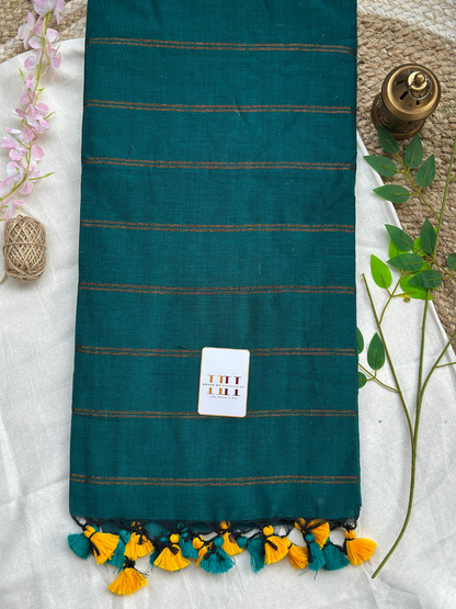Rama green zari stirpe saree with running blouse