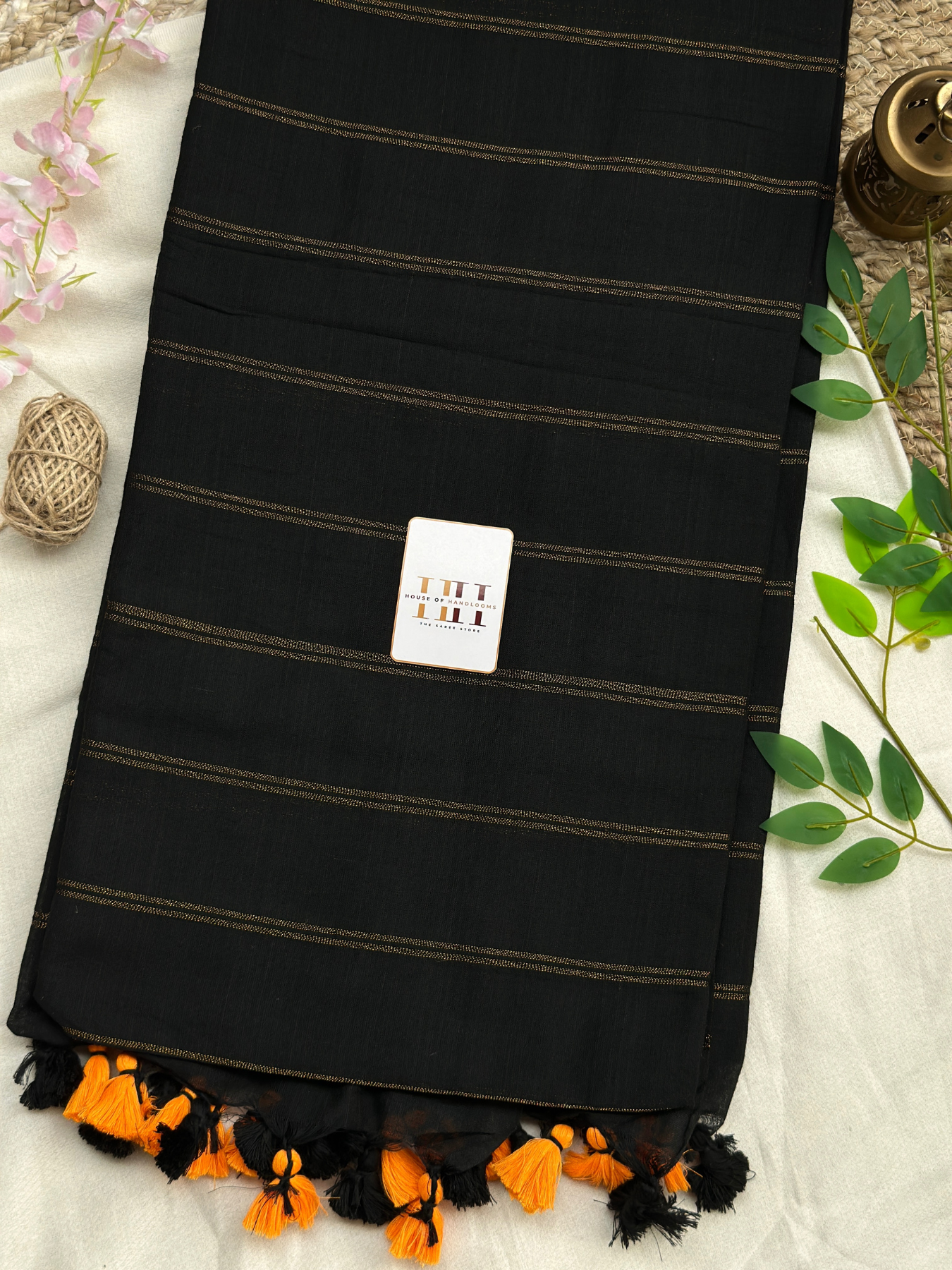 Classic Black cotton handloom zari stripe saree with matching blouse