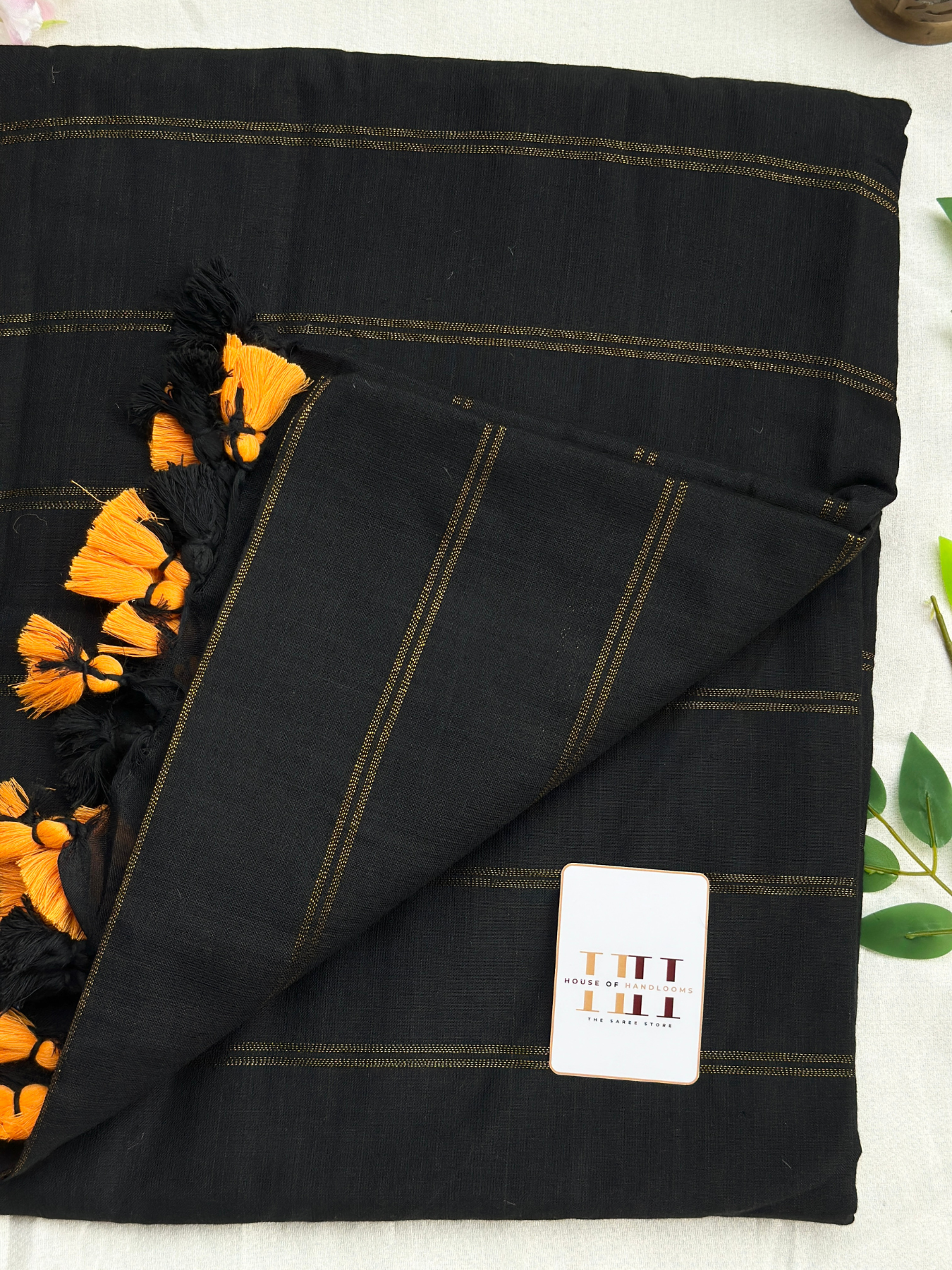 Classic Black cotton handloom zari stripe saree with matching blouse