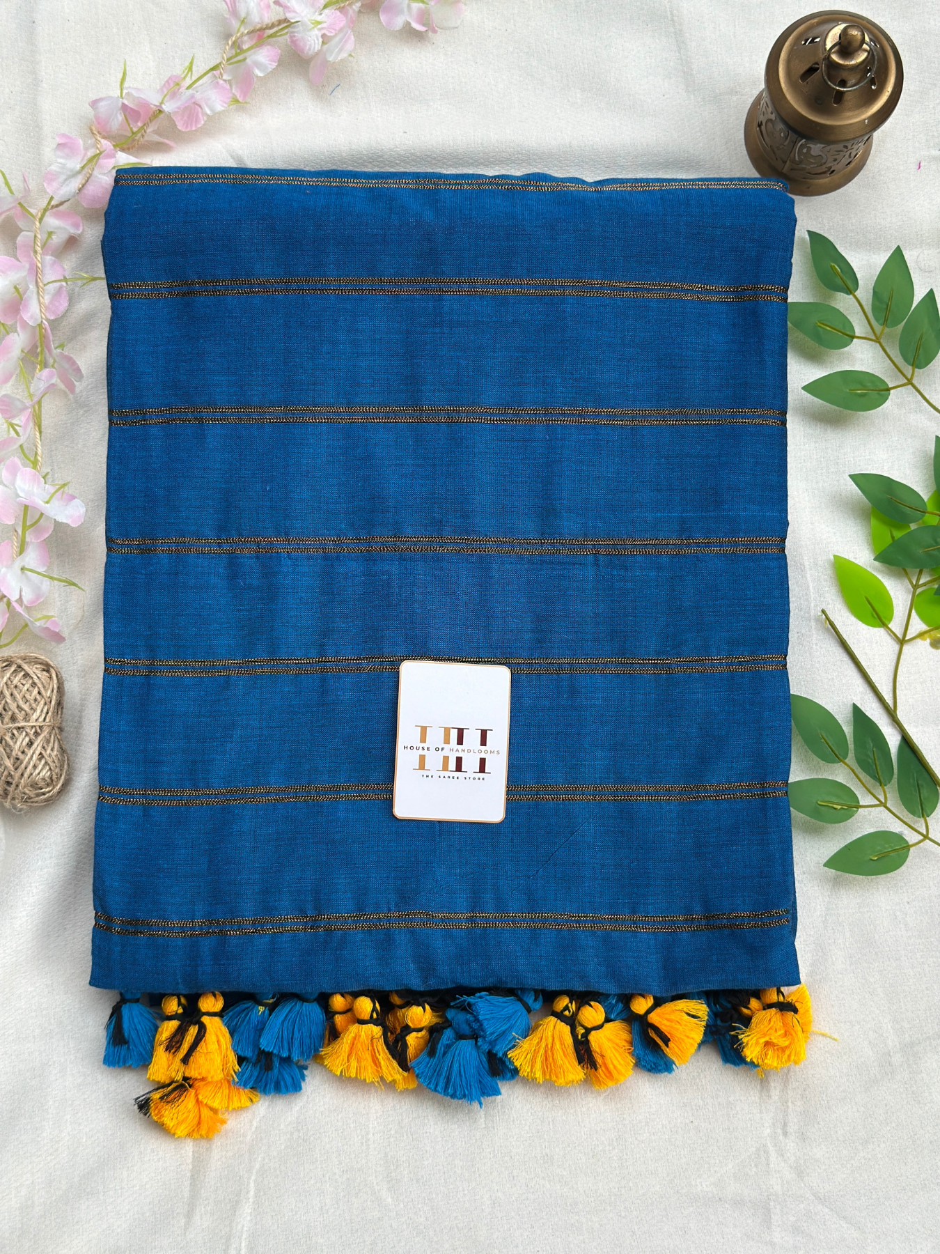 Rama blue dual stripe saree with matching blouse