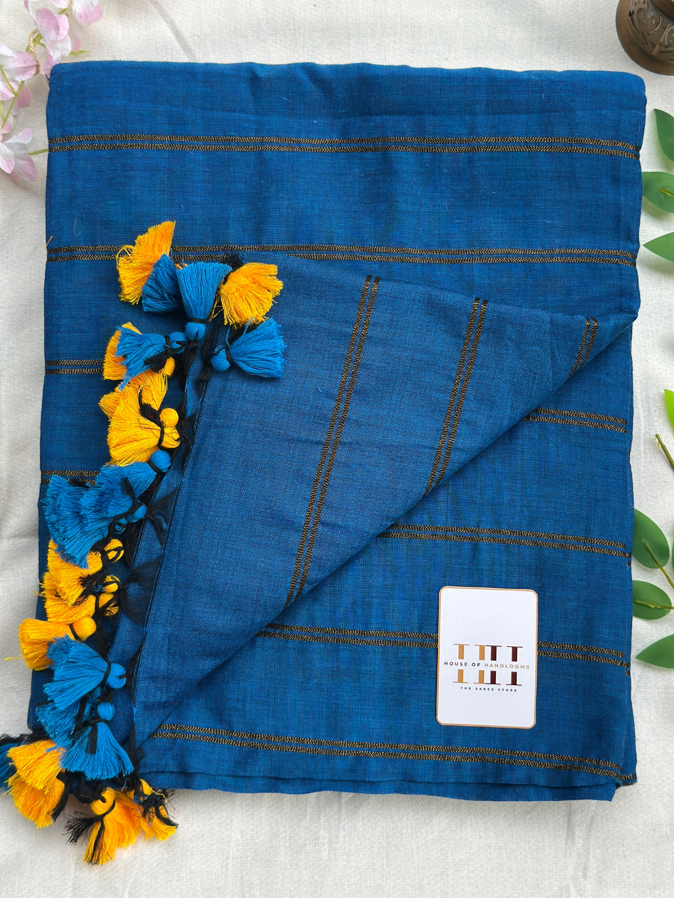 Rama blue dual stripe saree with matching blouse