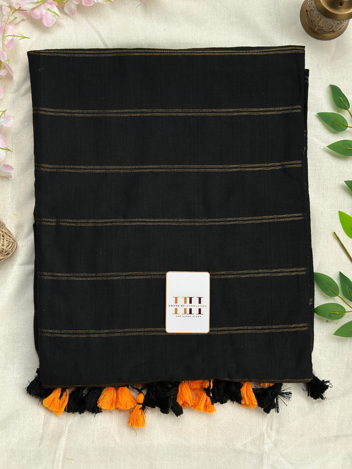 Classic Black cotton handloom zari stripe saree with matching blouse
