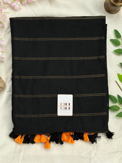 Classic Black cotton handloom zari stripe saree with matching blouse