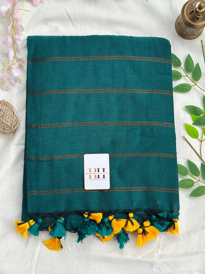 Rama green zari stirpe saree with running blouse