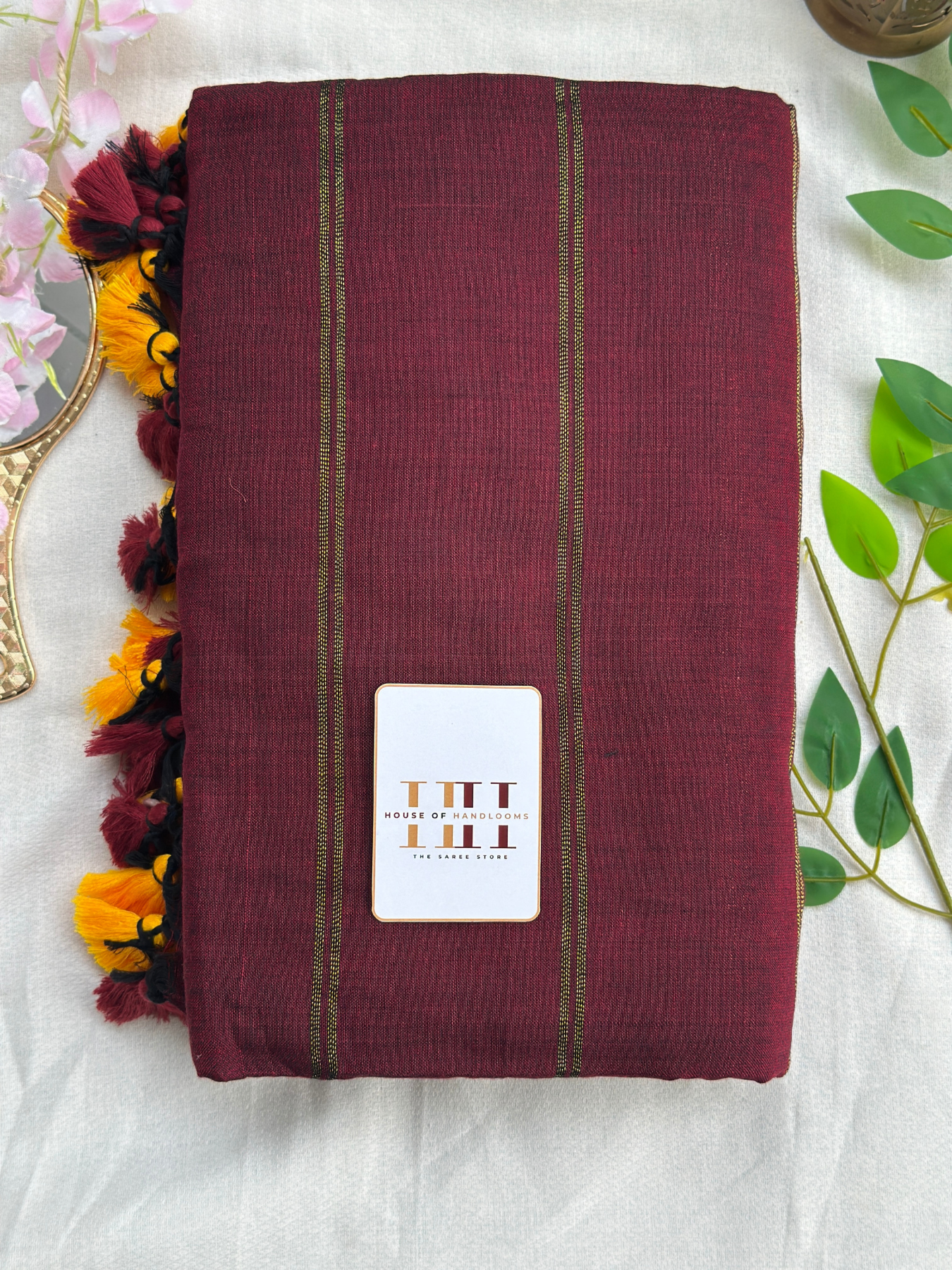 gorgeous maroon dual stripe saree with matching blouse