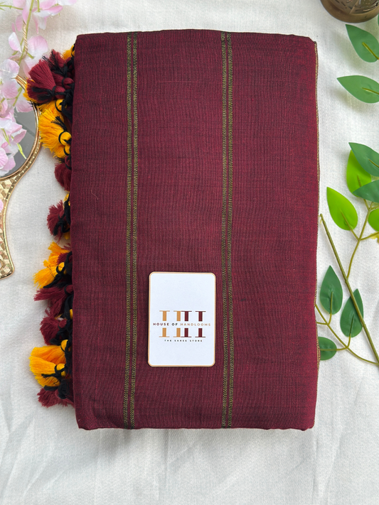 gorgeous maroon dual stripe saree with matching blouse