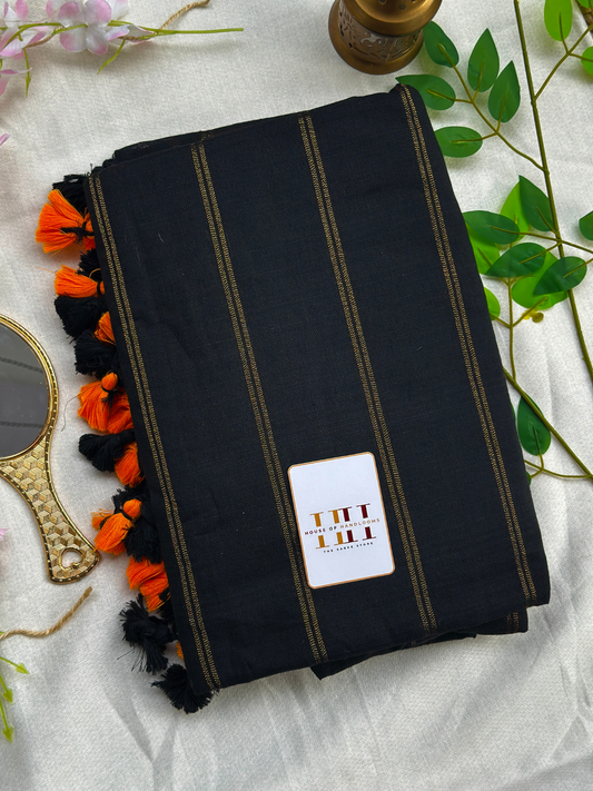 Classic Black cotton handloom zari stripe saree with matching blouse