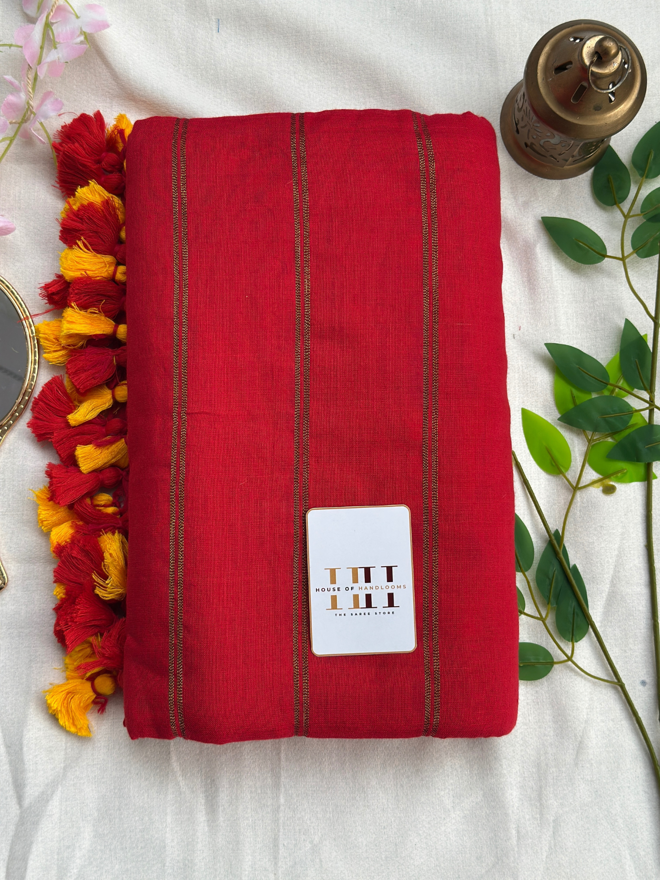 Cherry red zari stripe saree with running blouse