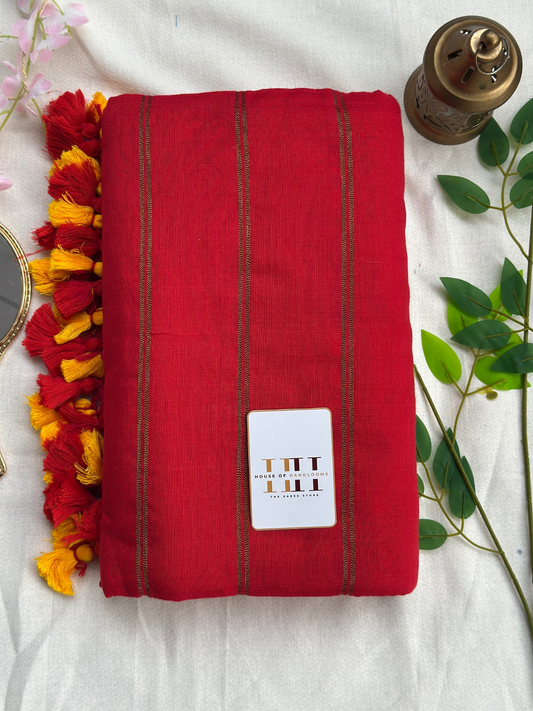 Cherry red zari stripe saree with running blouse