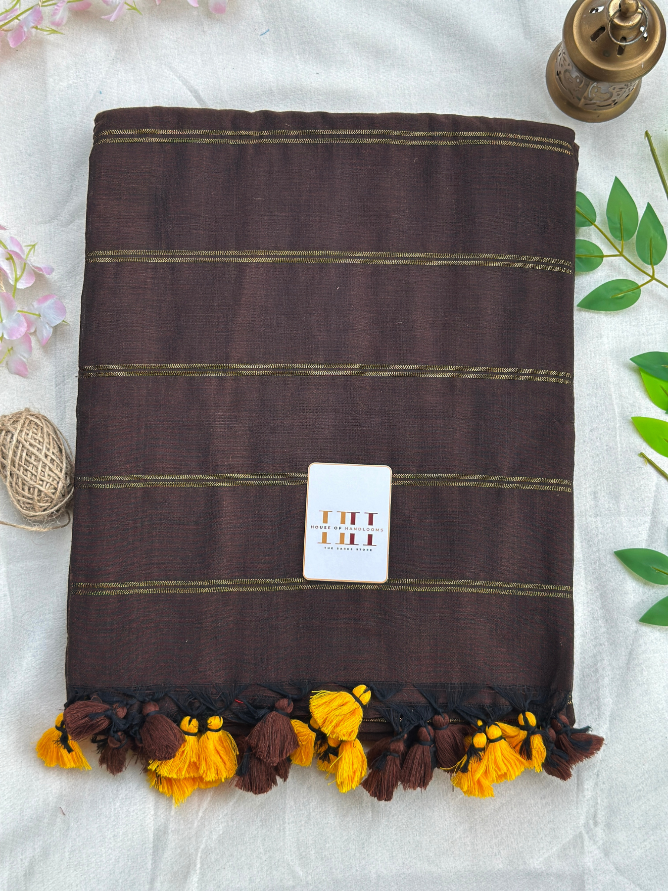 Stylish Brown zari stripe saree with running blouse