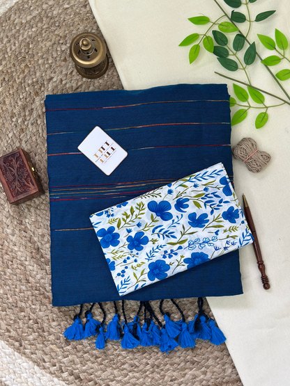 Deep blue cotton handloom saree with floral printed blouse