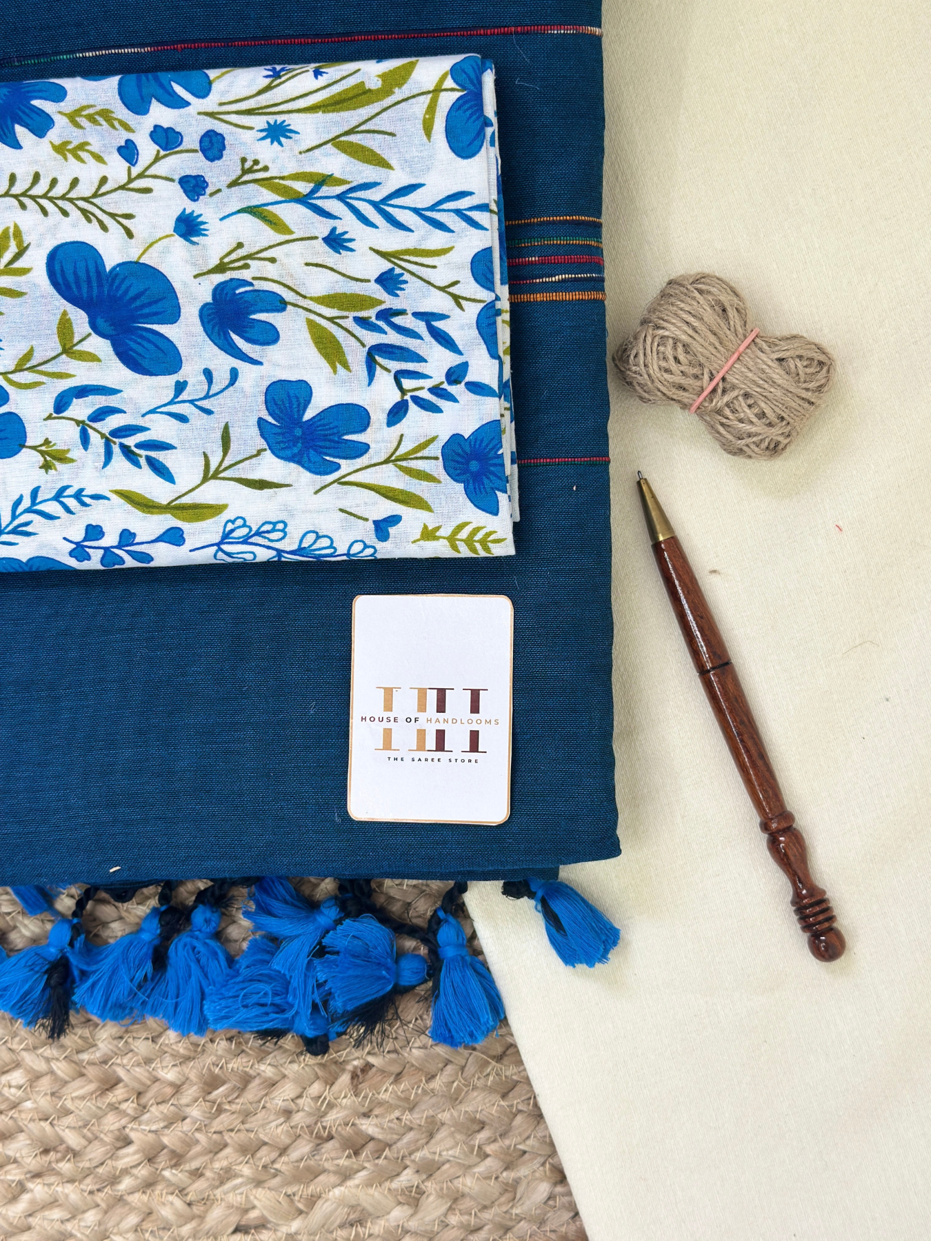 Deep blue cotton handloom saree with floral printed blouse
