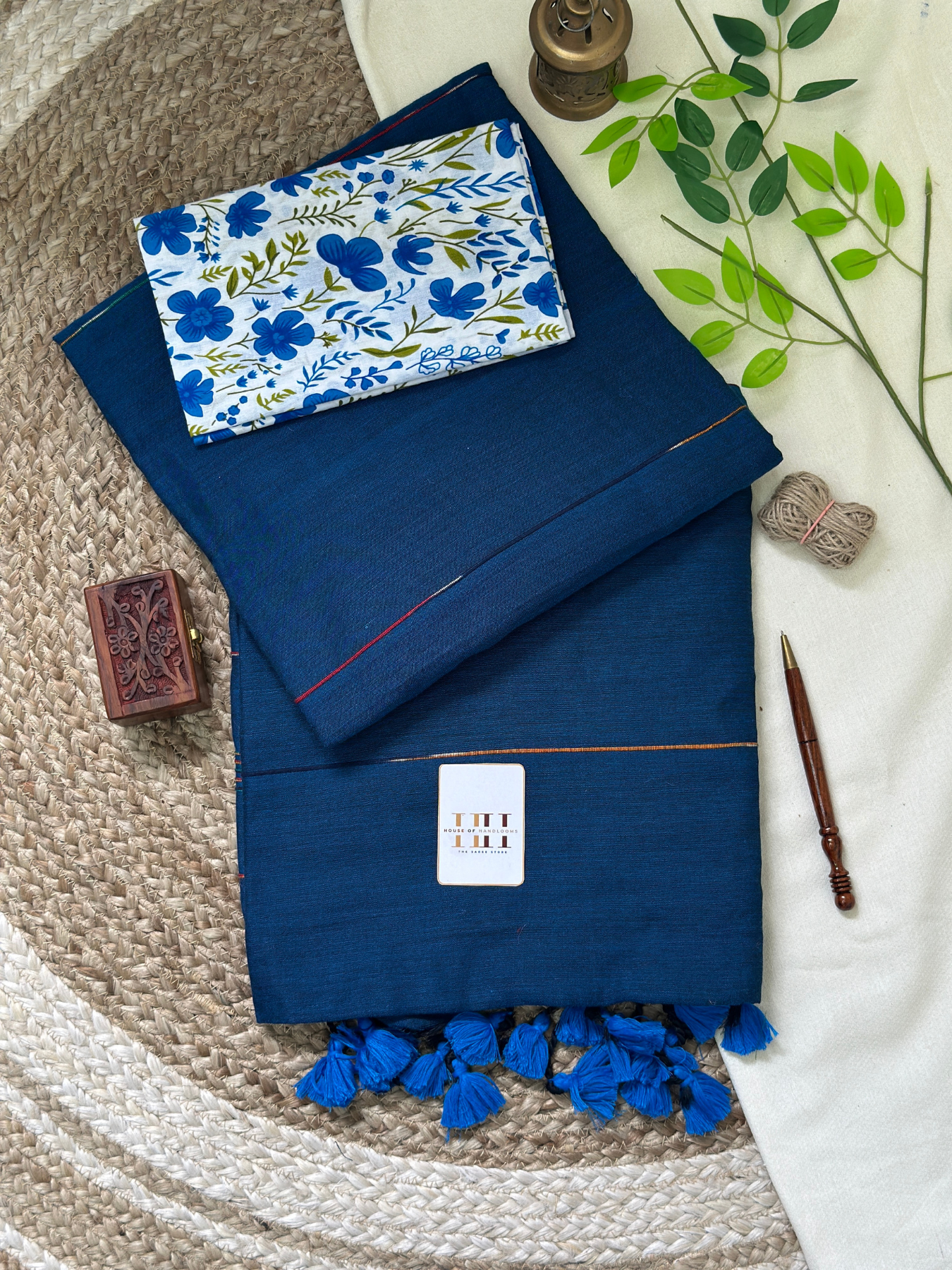 Deep blue cotton handloom saree with floral printed blouse