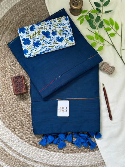 Deep blue cotton handloom saree with floral printed blouse
