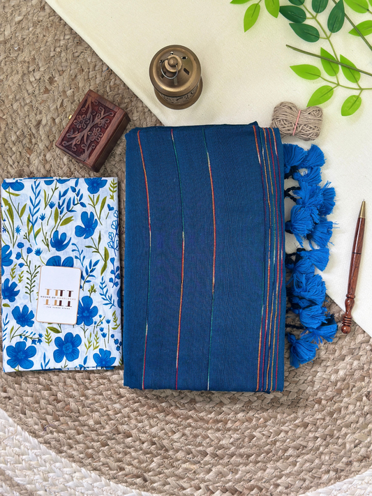 Deep blue cotton handloom saree with floral printed blouse