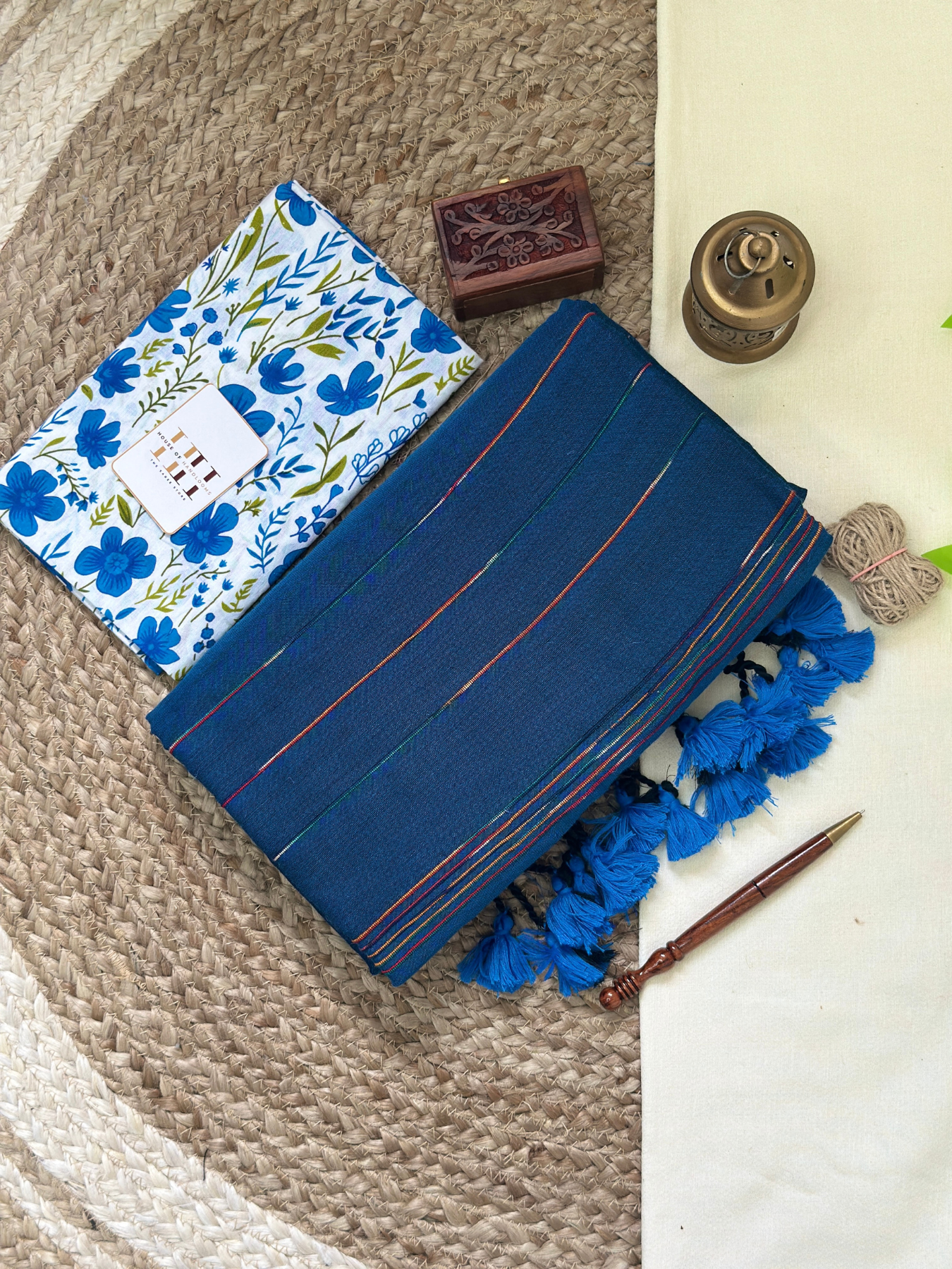 Deep blue cotton handloom saree with floral printed blouse