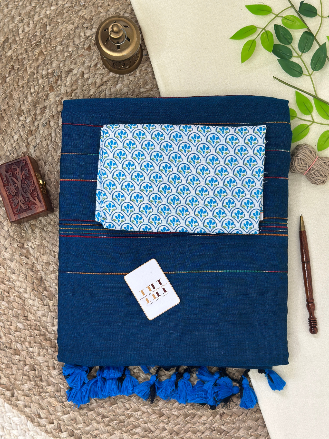 Teal blue cotton handloom ghicha stripes saree with printed blouse