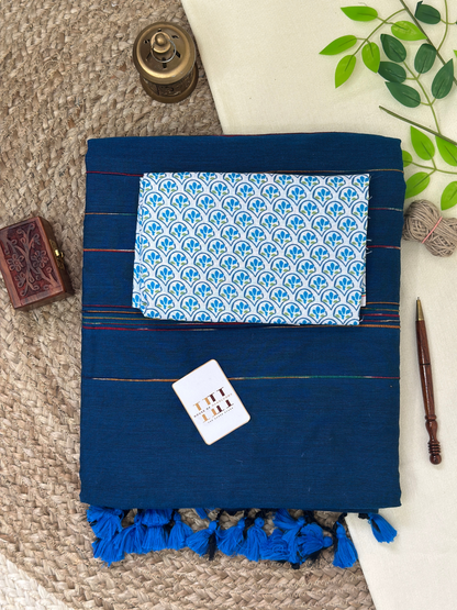 Teal blue cotton handloom ghicha stripes saree with printed blouse