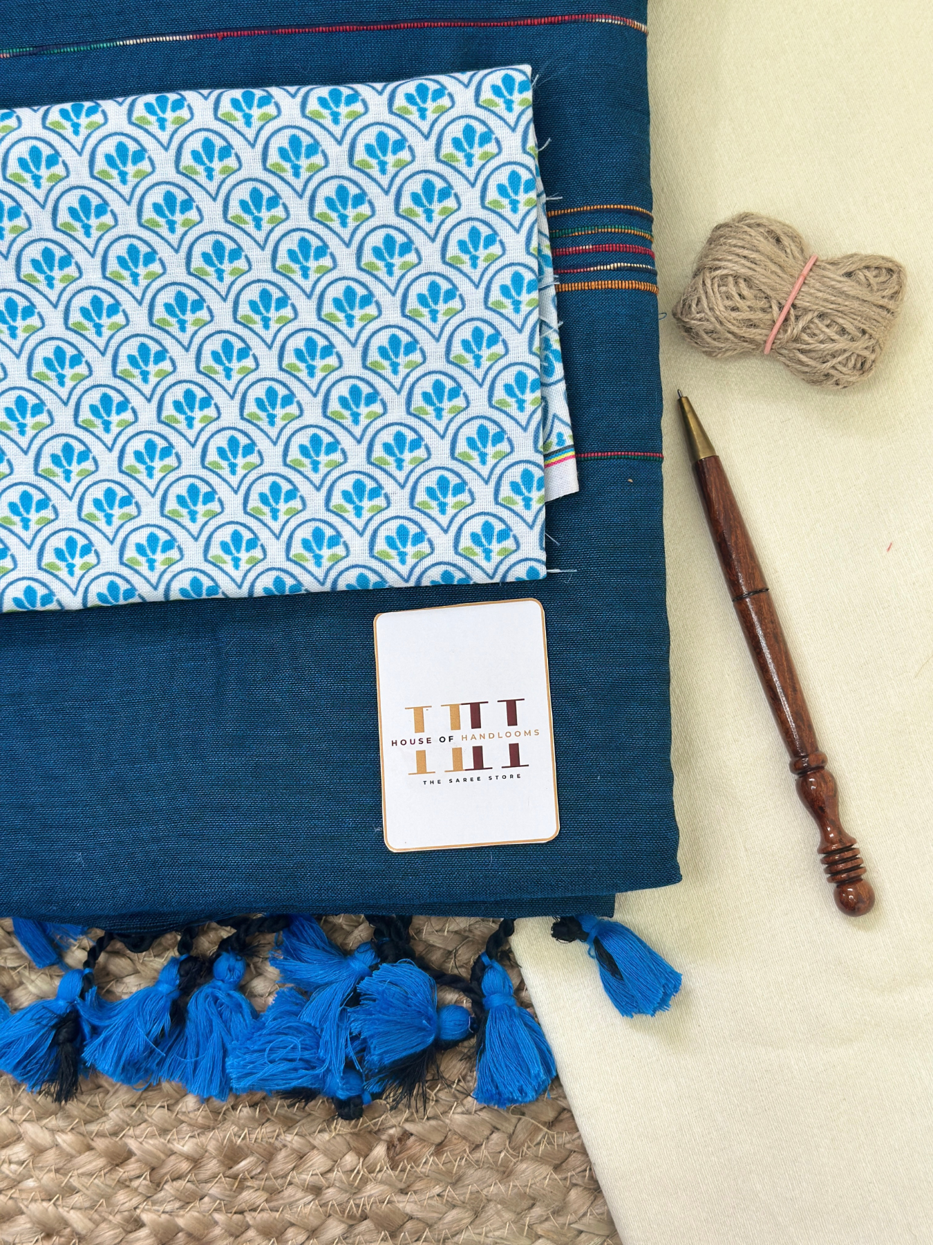 Teal blue cotton handloom ghicha stripes saree with printed blouse