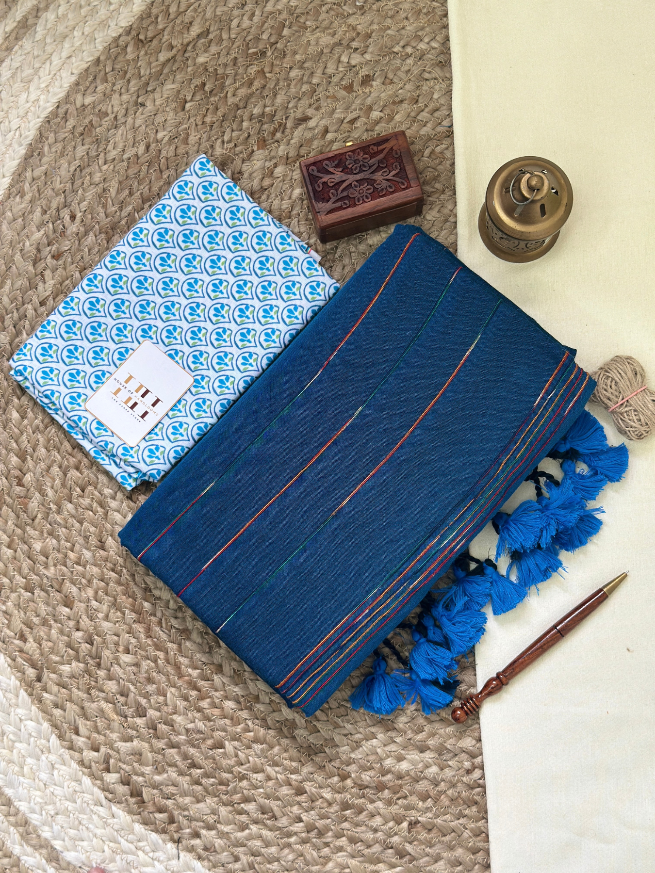 Teal blue cotton handloom ghicha stripes saree with printed blouse