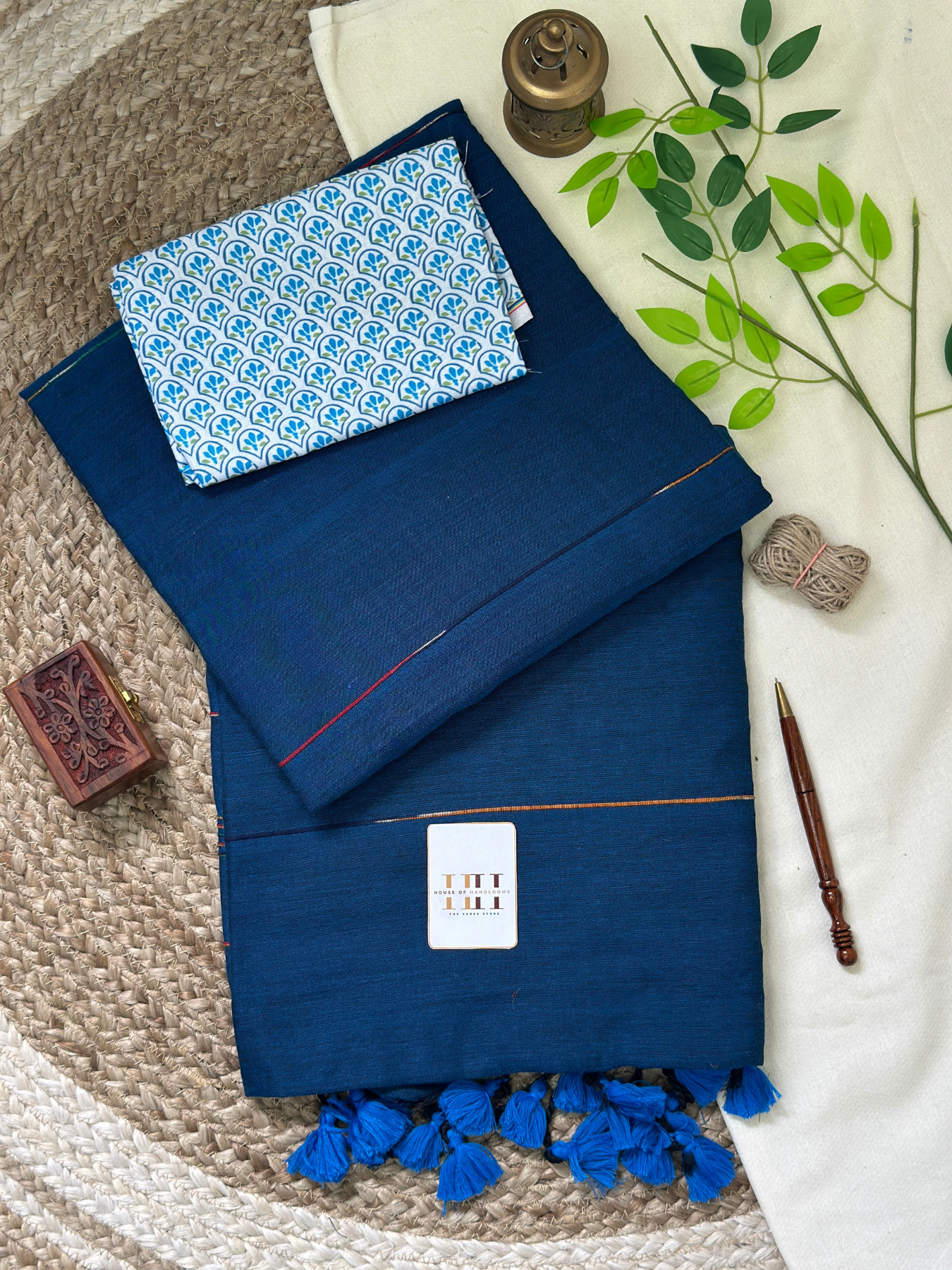 Teal blue cotton handloom ghicha stripes saree with printed blouse