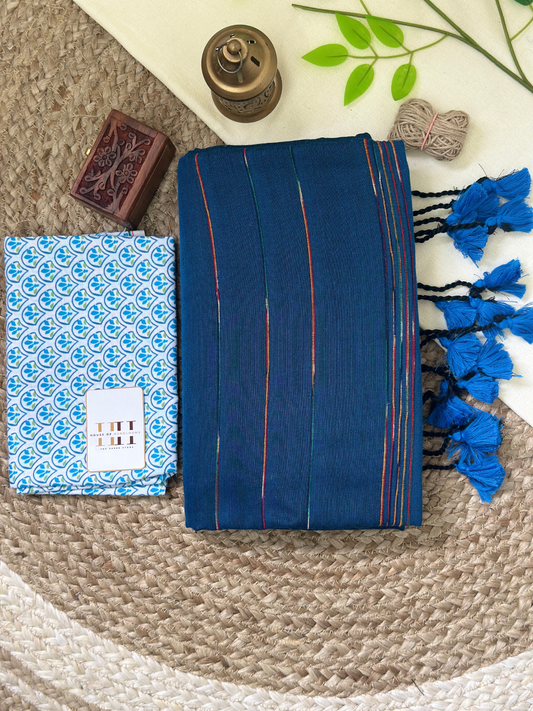 Teal blue cotton handloom ghicha stripes saree with printed blouse