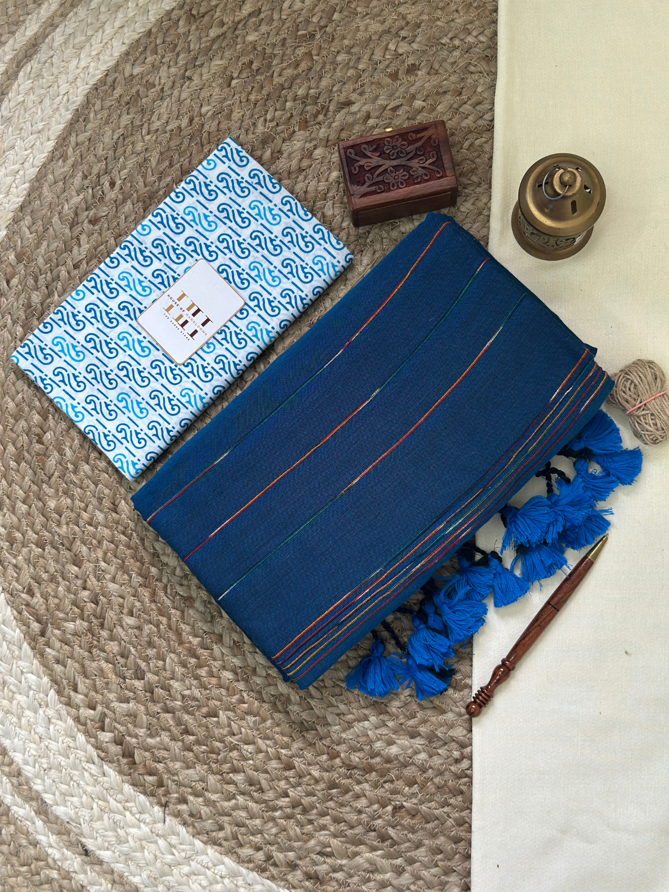 deep Teal blue cotton handloom ghicha stripes saree with printed blouse