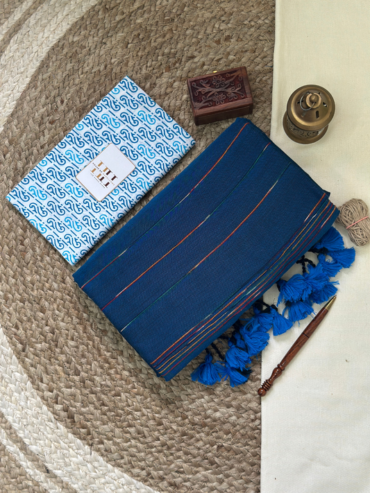 deep Teal blue cotton handloom ghicha stripes saree with printed blouse