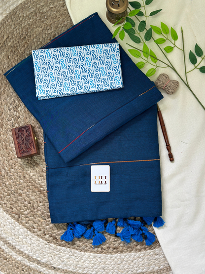 deep Teal blue cotton handloom ghicha stripes saree with printed blouse