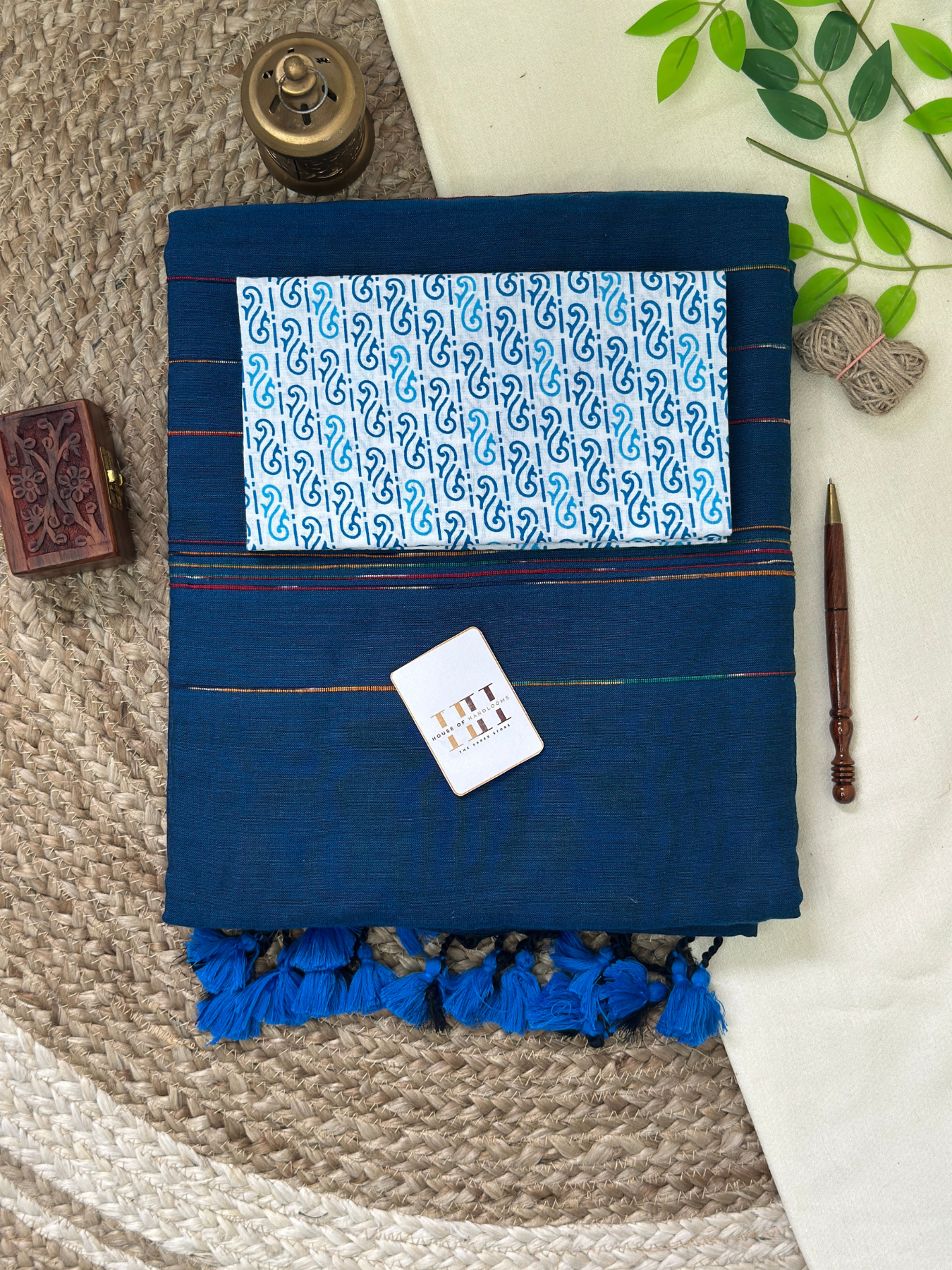 deep Teal blue cotton handloom ghicha stripes saree with printed blouse