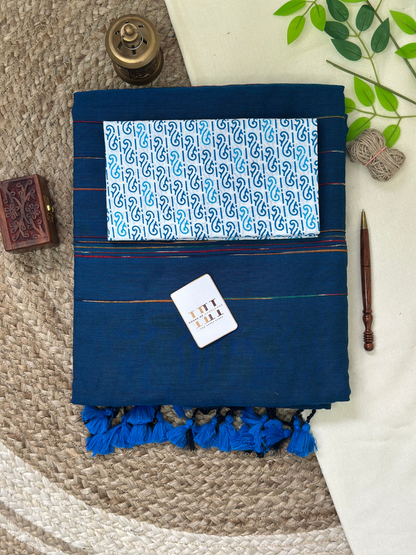 deep Teal blue cotton handloom ghicha stripes saree with printed blouse