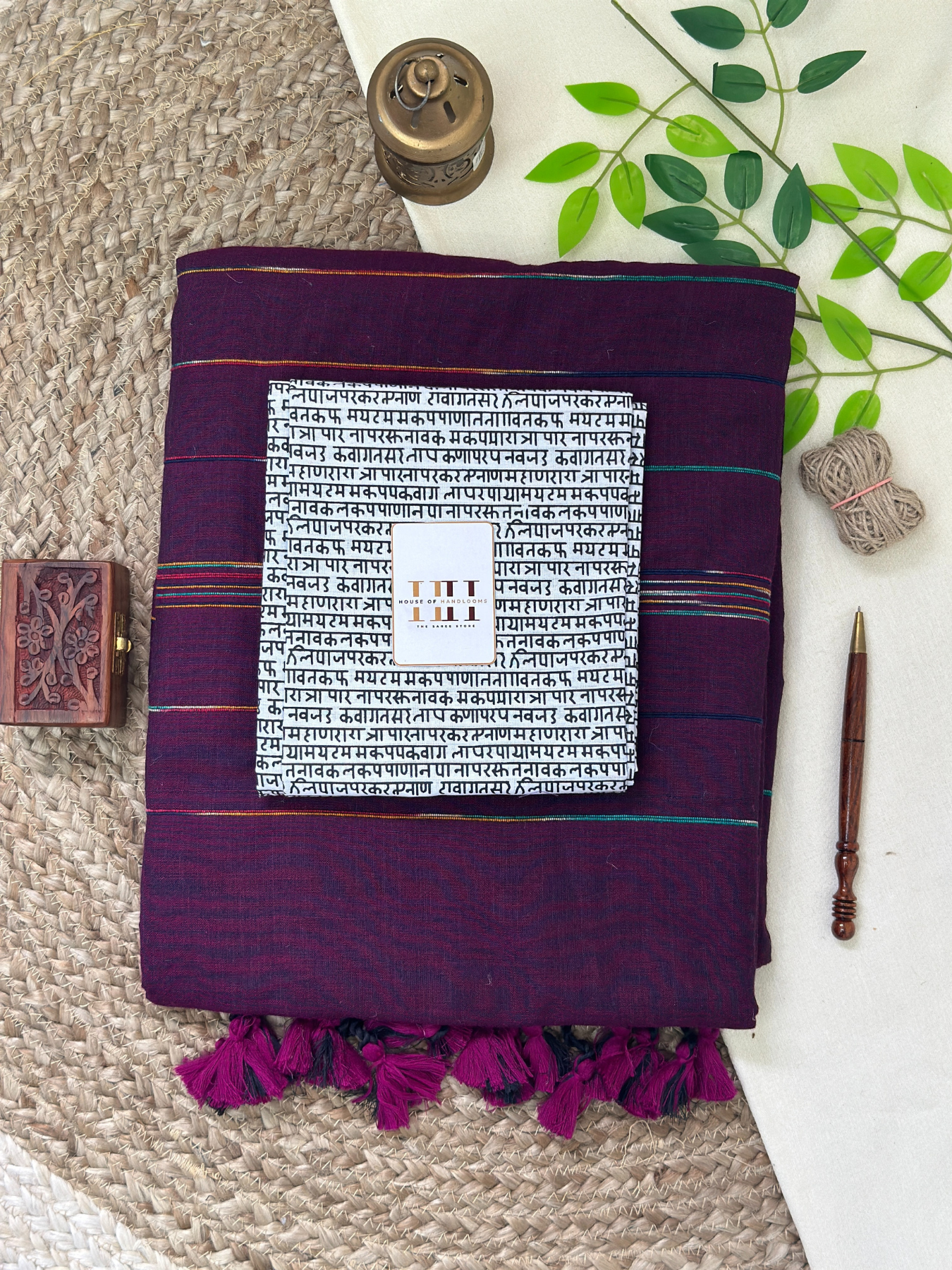 Stunning wine cotton handloom saree with printed blouse