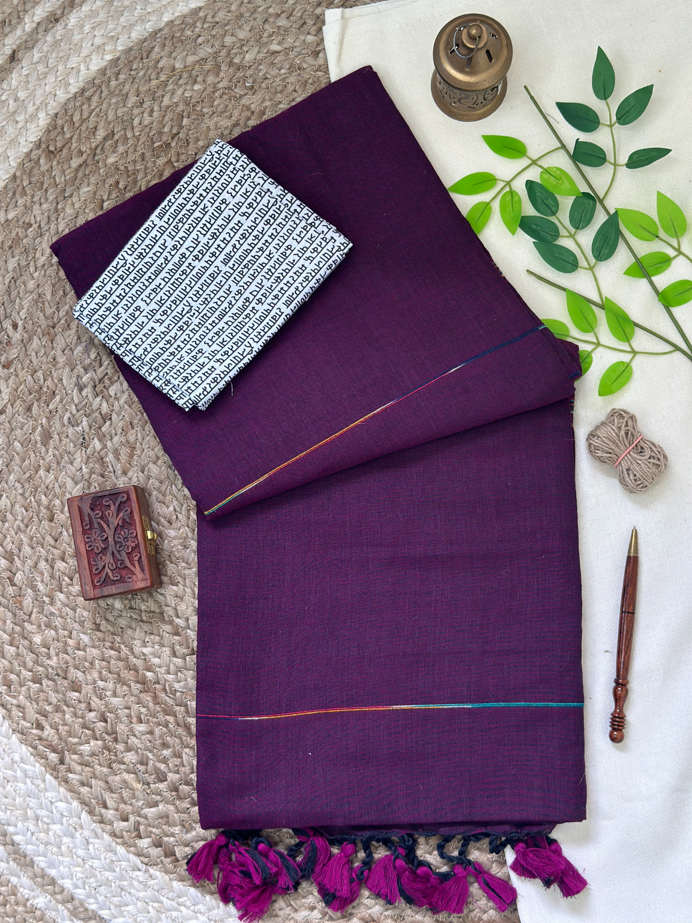 Stunning wine cotton handloom saree with printed blouse