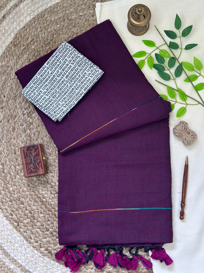 Stunning wine cotton handloom saree with printed blouse