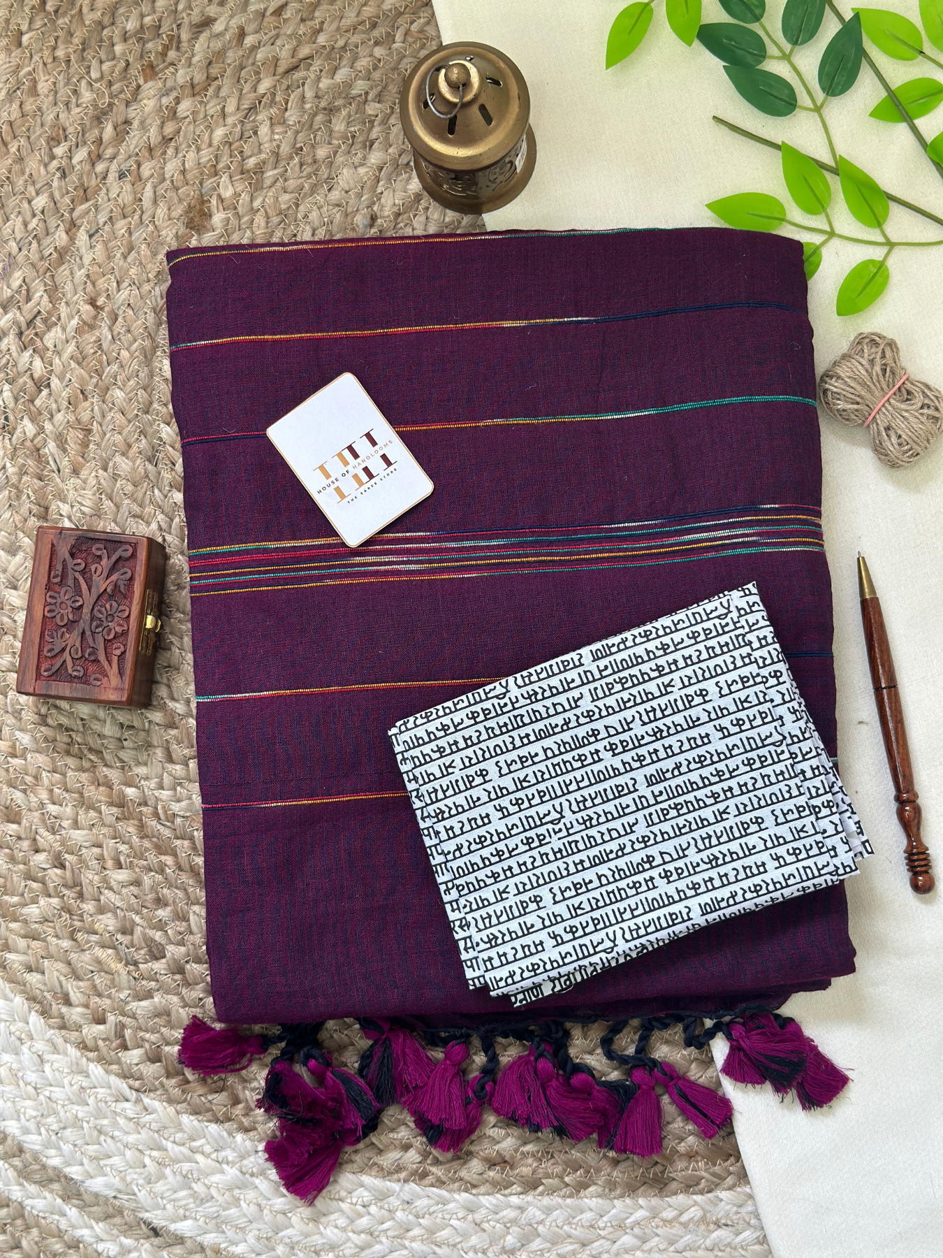 Stunning wine cotton handloom saree with printed blouse
