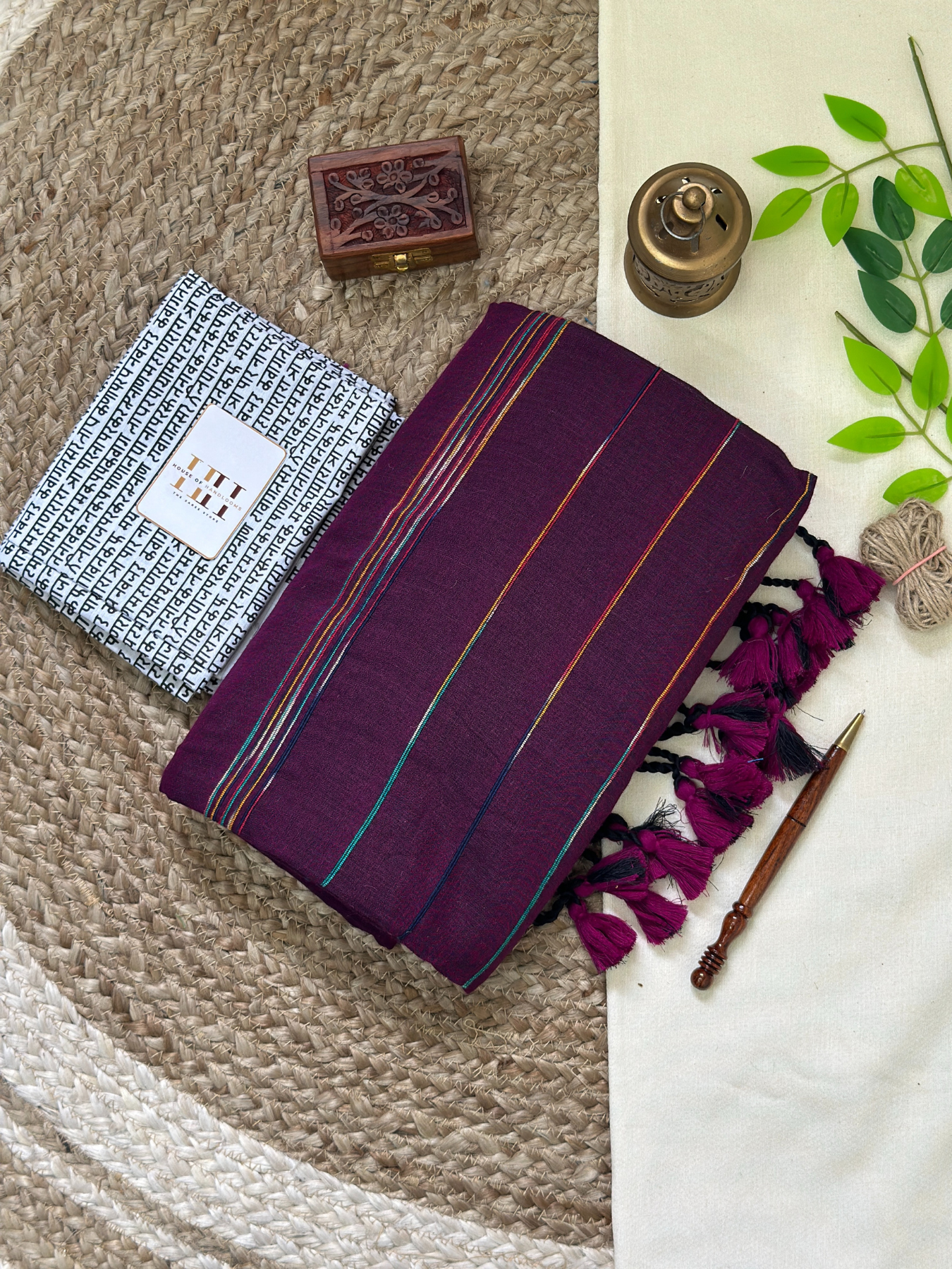 Stunning wine cotton handloom saree with printed blouse