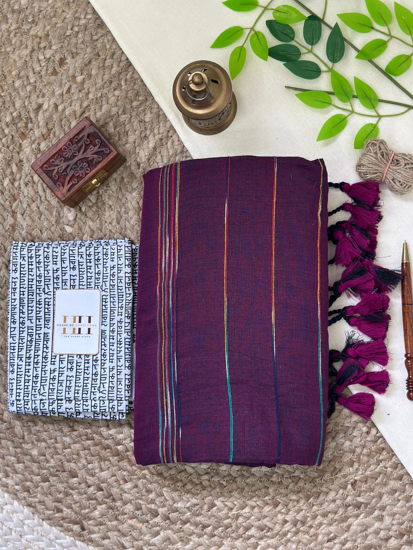 Stunning wine cotton handloom saree with printed blouse