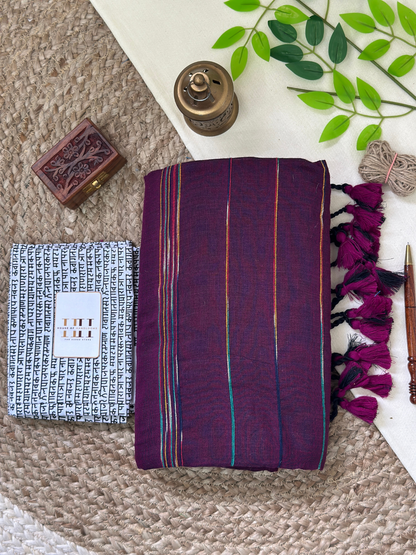 Stunning wine cotton handloom saree with printed blouse