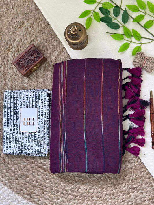 Stunning wine cotton handloom saree with printed blouse